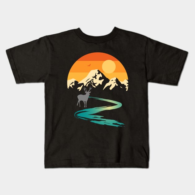 Sunset Mountain Stream with Deer Kids T-Shirt by Dragonbudgie